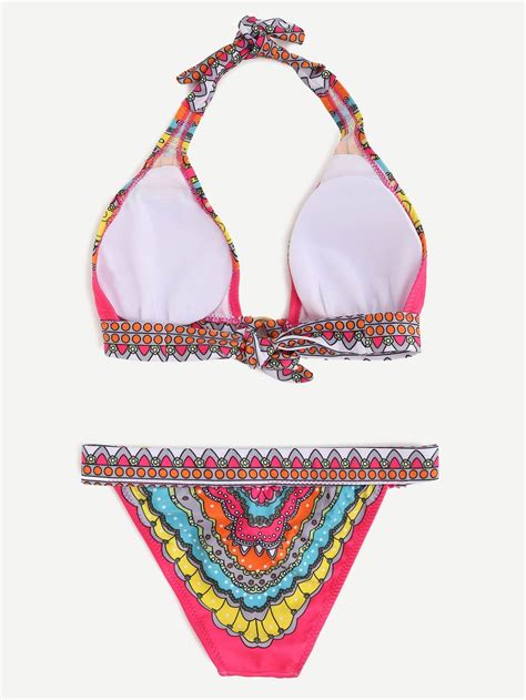 Multicolor Vintage Print Ring Accent Bikini Set Shein Sheinside