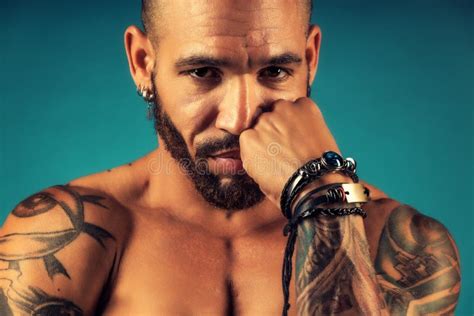 A Swarthy Brutal Man Naked Muscular Body With Tattoos Studio Portrait Of A Cuban Or Latino