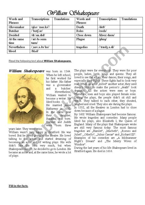 William Shakespeare ESL Worksheet By Rona07