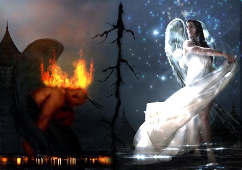 Гиф анимация Демон в огне и ангел в россыпи мерцающих звезд стоит в ...