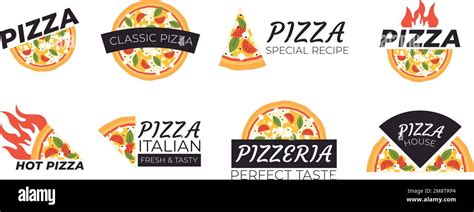 Pizza logo set. Italian pizza slices for dinner. Pizzeria stickers ...