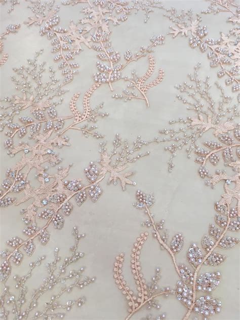 Peach Beaded Lace Fabric 3D Lace Embroidery Lace Fabric From