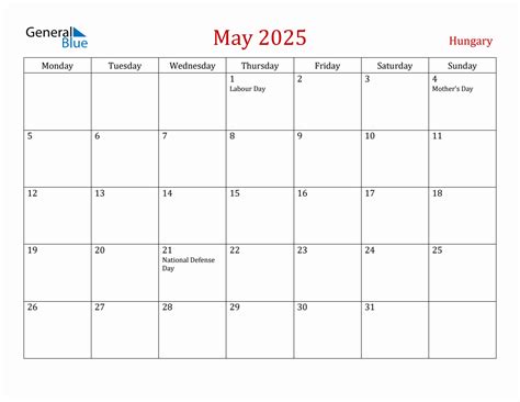 May 2025 Hungary Monthly Calendar with Holidays