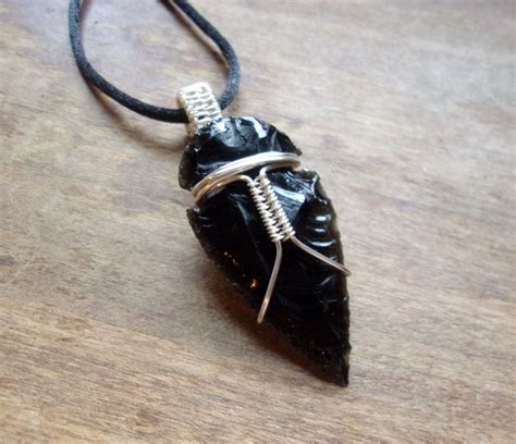 Silver Plated Wire Wrapped Obsidian Arrowhead Pendant Wire Jewelery