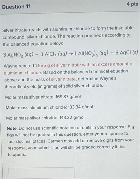 Solved Silver Nitrate Reacts With Aluminum Chloride To Form