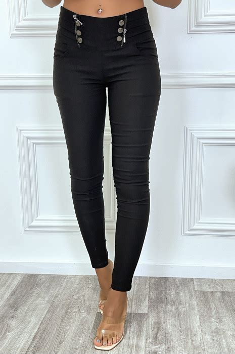 Pantalon Slim Noir En Strech Avec Boutons Et Fermeture La Taille