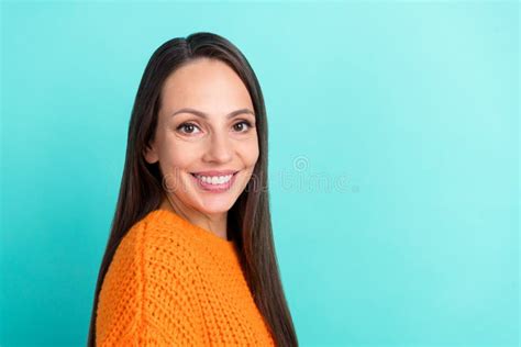 Profile Photo Of Optimistic Mature Brunette Lady Wear Orange Sweater