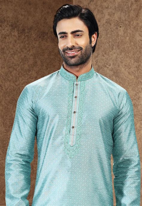 Buy Woven Art Silk Jacquard Kurta Set In Sky Blue Online MLY799