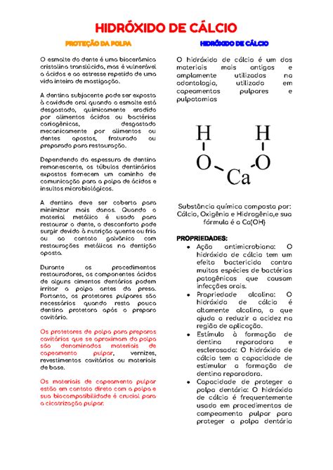 O Que É Hidróxido De Cálcio - HidróXIDO DE CÁLCIO - HIDRÓXIDO DE CÁLCIO PROTEÇÃO DA POLPA O esmalte ...