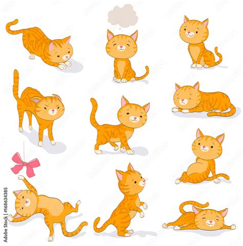 Cute Cat In Various Poses Cartoon Kitten Dreaming Begging Standing