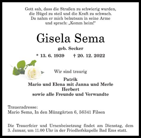 Traueranzeigen Von Gisela Sema Rz Trauer De