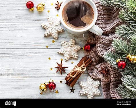 Christmas Time Composition With Cookies And Coffee Background With