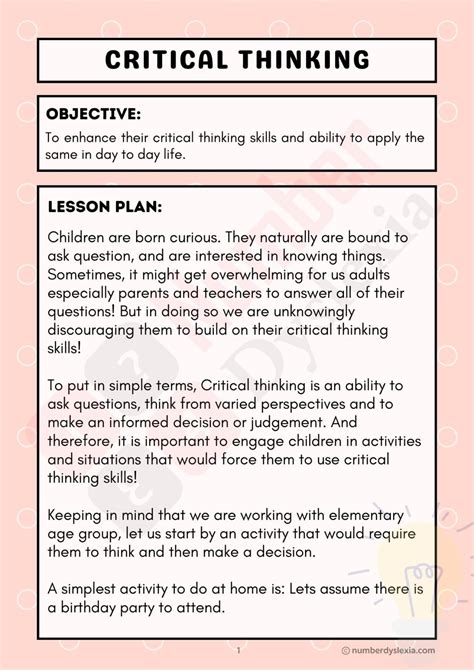 Printable Critical Thinking Lesson Plan [pdf Included] Number Dyslexia