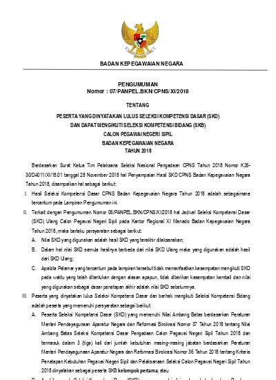 PENGUMUMAN Nomor 07PANPEL BKNCPNSXI2018 TENTANG PESERTA YANG