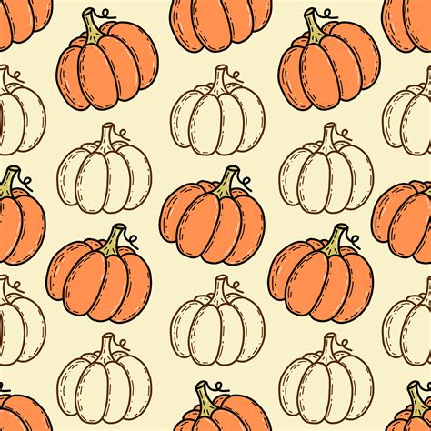 Seamless Pattern With Hand Drawn Cute Pumpkin In Cartoon Style Flat