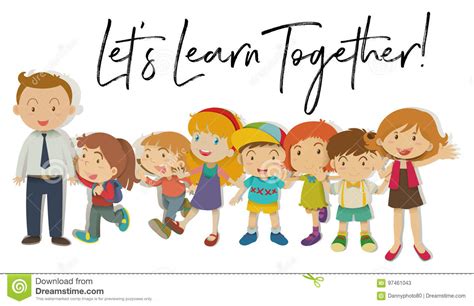 Teachers And Students With Word Let`s Learn Together Stock Vector