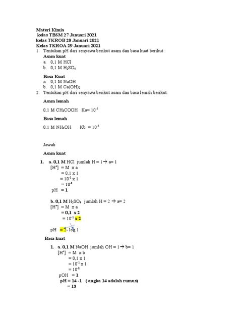 Latihan Soal Penentuan Ph Asam Dan Basa 27 28 29 Januari 2021 Pdf
