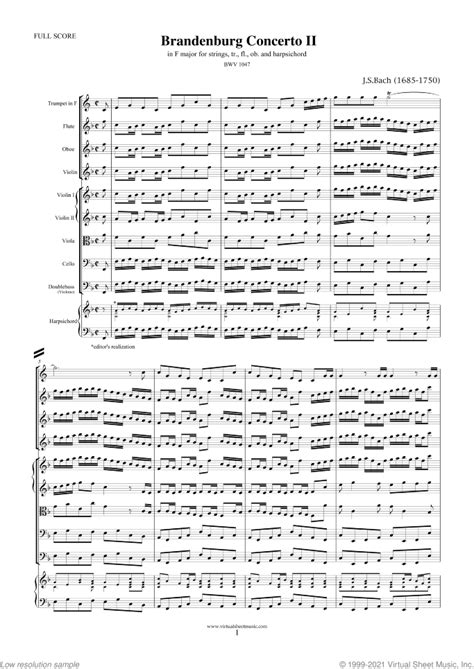 Bach: Brandenburg Concerto II sheet music for tr, fl, ob, strings and ...