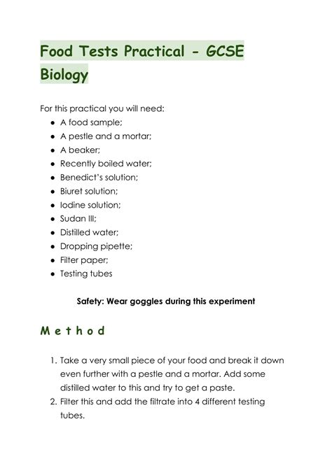 Gcse Biology Food Tests Practical Summary Sheet Aqa Version