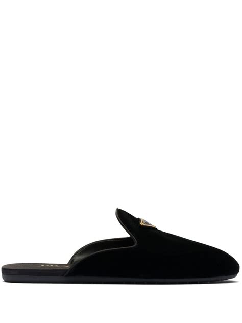 Prada Velvet Slippers In Black Modesens