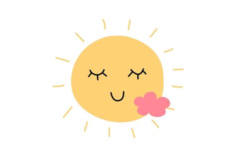 Cartoon sun with happy face. Funny sky character and cloud.