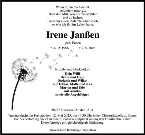 Traueranzeigen von Irene Janßen nordwest trauer de