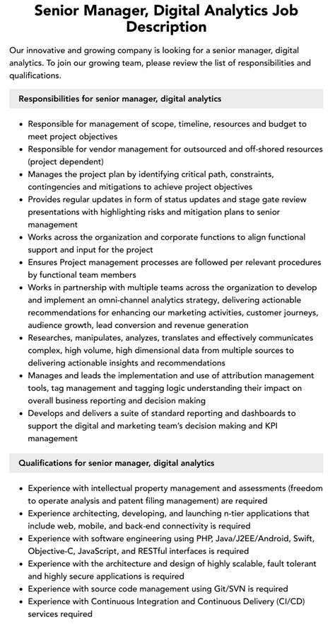 Senior Manager Digital Analytics Job Description Velvet Jobs