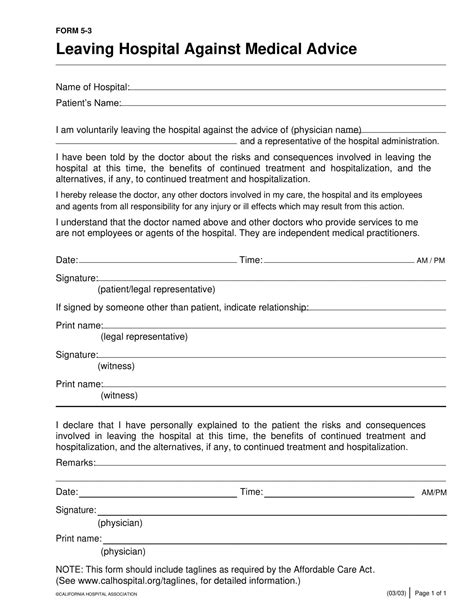 Free Printable Against Medical Advice Form Templates Pdf