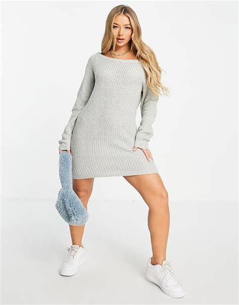 Missguided Off Shoulder Mini Jumper Dress In Grey Grey Asos