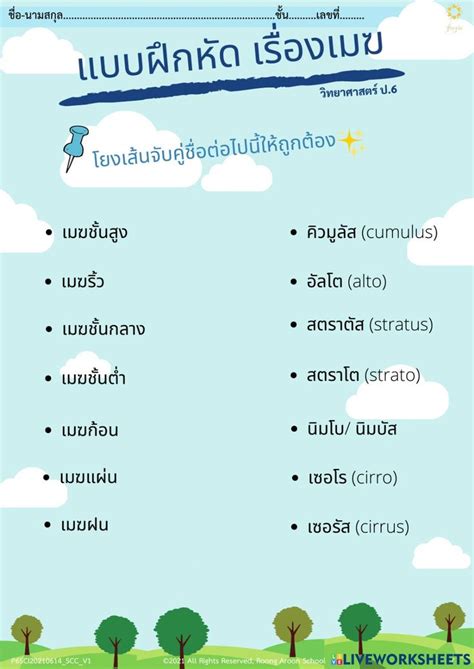 แบบฝึกหัดเรื่องเมฆ ป6 Worksheet ห้องเรียนวิทยาศาสตร์ การศึกษา