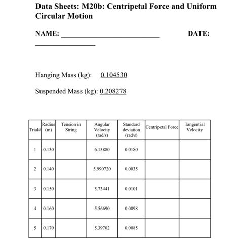 Data Sheets M B Centripetal Force And Uniform Chegg