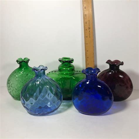 Lot F Vintage Glass Optic Vases Emerald Green Crown Bottle Vase