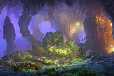 Fantastical Cave With Bioluminescent Vegetation By Stable Diffusion