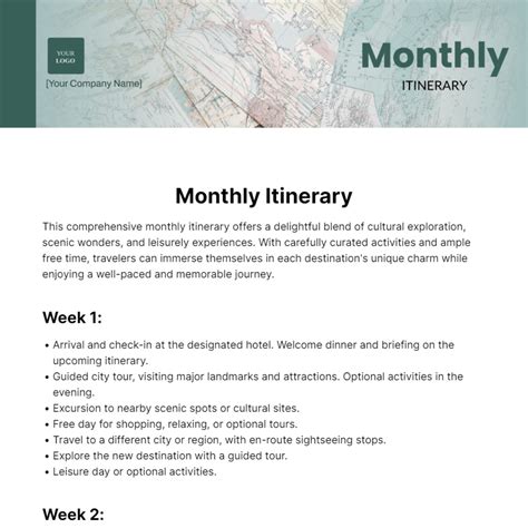 Monthly Itinerary Template Edit Online And Download Example