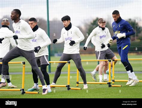 Tottenham Hotspur's Son Heung-min (centre) during a training session at ...