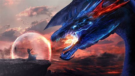 1284x2778px | free download | HD wallpaper: Dragon vs wizard, blue dragon blowing fires at man ...