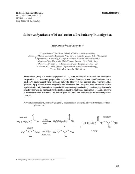 Pdf Selective Synthesis Of Monolaurin A Preliminary Investigation