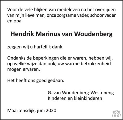 Hendrik Marinus Van Woudenberg Overlijdensbericht En