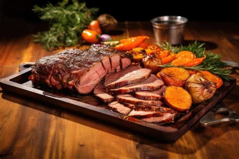 Pit Smoked Beef Brisket Sliced And Served On A Tray Stock Photo Image