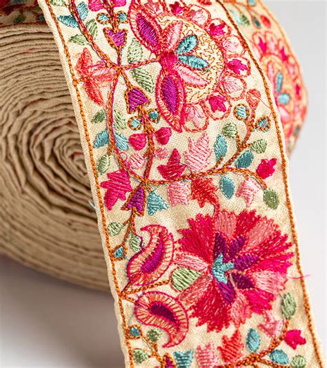 Pink Thread Embroidered Border On Nude Base Lace Trimss India