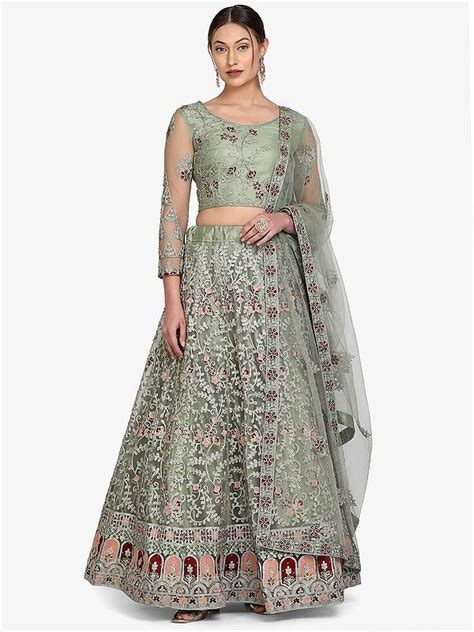 Pista Green Meena Work Net Lehenga Choli With Floral Creeper Thread