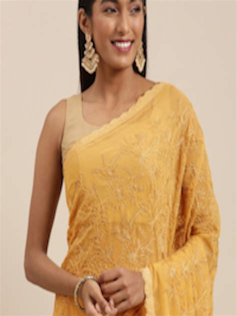 Buy Shaily Mustard Yellow Floral Embroidered Pure Georgette Saree