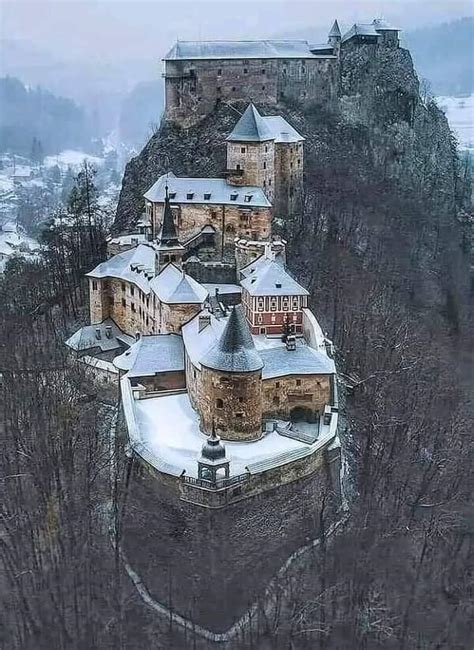 Orava Castle, a medieval (13th century) stronghold on an extremely high and steep cliff by the ...