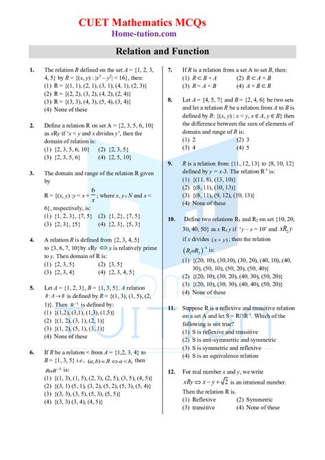 Mcq Maths Questions For Cuet Chapter Relation And Function With