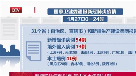 国家卫健委：1月27日新增确诊病例54例 其中本土病例41例北京时间