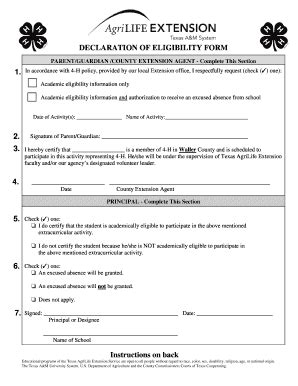 Fillable Online Waller Agrilife Waller County 4 H Elegibility Form Fax