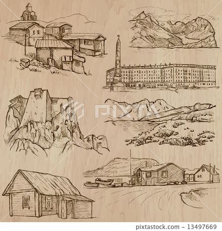 Architecture Famous Places Hand Drawn Vectors Stock Illustration