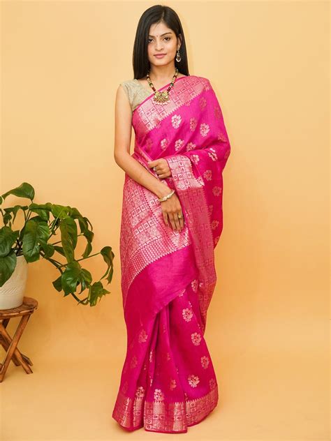 Pink Peacock Pure Munga Silk Banarasi Saree With All Over Floral Butta