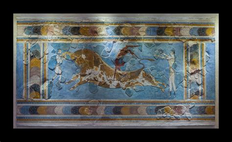 The Minoan fresco named the Bull-Leaping Fresco, 1675-1460 BCE : r ...