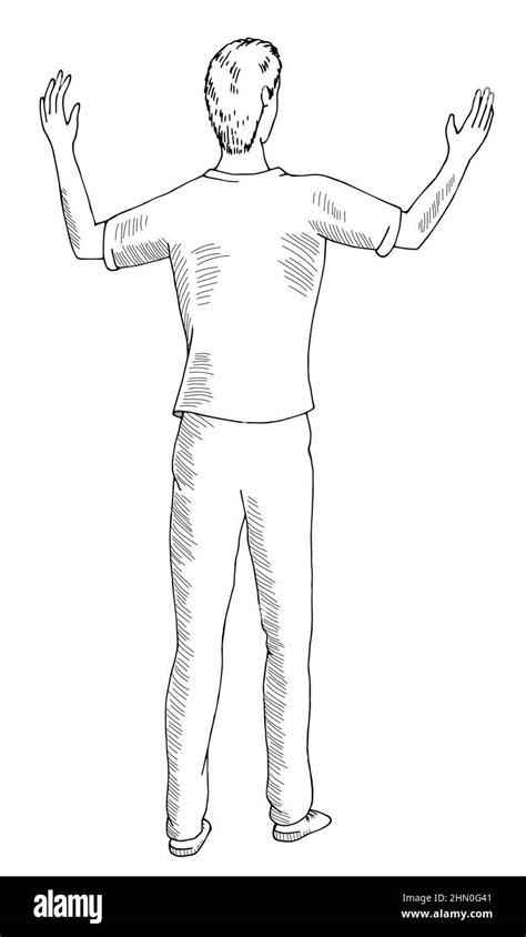 Man Raised His Hands Up Standing Isolated Graphic Black White Sketch